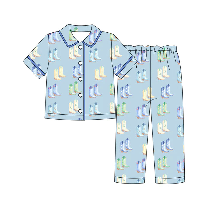 9.25 BSPO0592 Adult Men Blue Boots Button Short Sleeve Top Pants Pajamas Sets Preorder