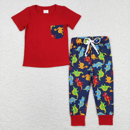 9.16 BSPO0173 Dinosaur pocket blue and red short-sleeved trousers suit