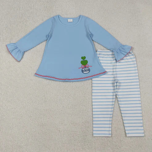 9.24 GLP2465 Embroidery Baby Girls Blue Long Bell Sleeves Bows Plant Tunic Stripe Legging Pant Set