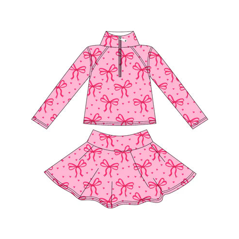 9.20 GLD1316 Baby Girls Hot Pink Bows Hearts Yoga Zipper Pullovers Skorts Clothes Set Preorder
