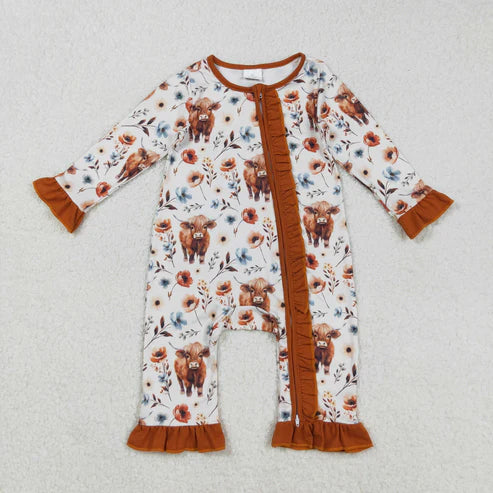 9.17 LR1624 Baby Infant Girls Western Highland Cow Flowers Zip Romper