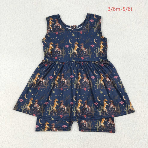 9.17 SR3071 Baby Girls Navy Sleeveless Horses Cactus Skort Jumpsuit