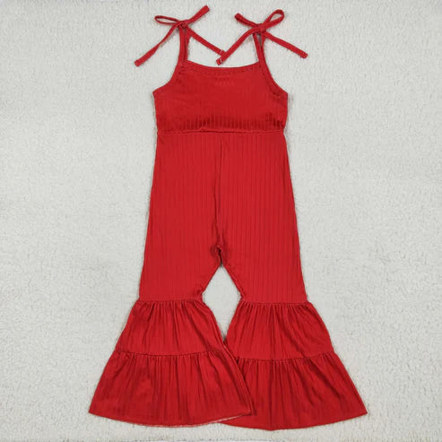 9.17 SR3163 Baby Girls Red Strap Bell Bottom Ribbed Jumpsuit