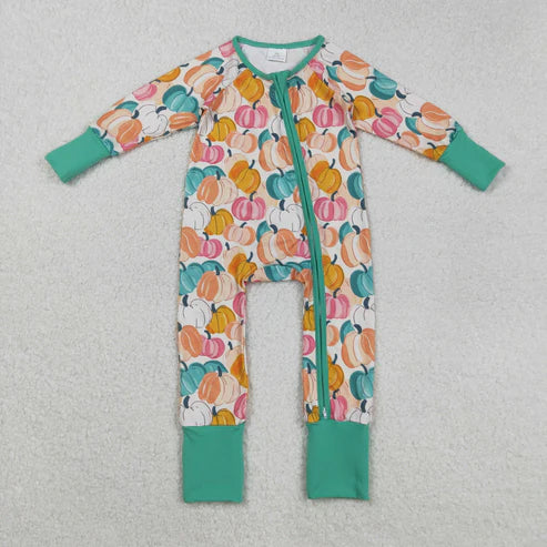 9.17 LR2552 Baby Girls Colorful Pumpkins Plaid Fall Zipper Footie Romper
