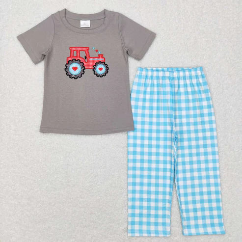 9.16 BSPO0193 Embroidered Love tractor Short sleeve blue and white plaid pants suit