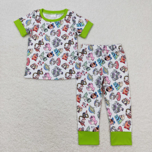 9.15 BSPO0321 Cartoon green and white short-sleeved trousers pajamas set