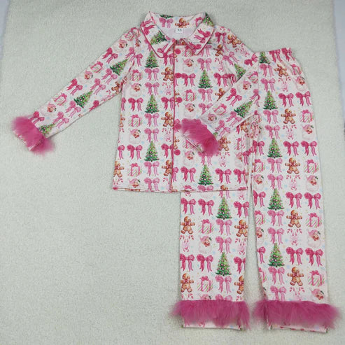 9.24 GLP2717 Adult Women Bows Gingerbread Trees Button Top Pants Christmas Fur Pajamas Set