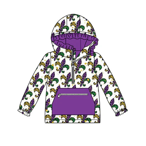 9.22 GT1227 Baby Girls Mardigras Anchors Checked Zipper Pocket Ruffle Hoodies Top Preorder