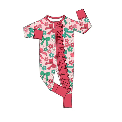 9.18 LR2649 Baby Girls Green Red Flowers Bows Christmas Ruffle Zipper Footie Rompers Preorder