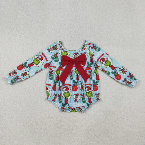 9.24 LR2575 Baby Girls Christmas Green Face Holly Ruffle Romper