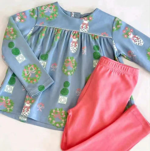 9.20 GLP2868 Baby Girls Long Sleeve Bows Flowers Tunic Leggings Clothes Sets Preorder
