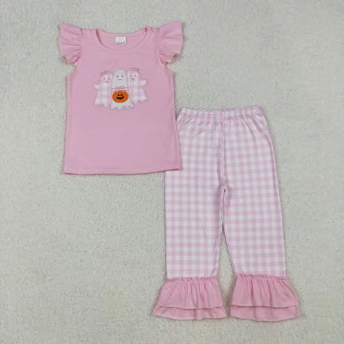 9.24 GSPO2058 Embroidery Baby Girls Ghosts Pumpkins Top Plaid Pant Halloween Set