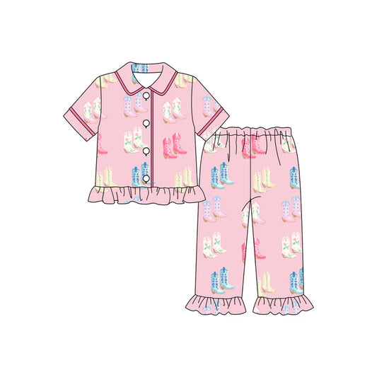 9.25 GSPO2082 Baby Girls Pink Boots Button Shorts Ruffle Sleeve Top Pants Pajamas Sets Preorder