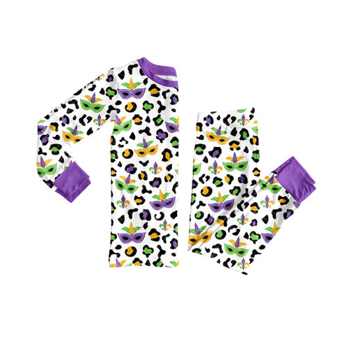 9.20 GLP2870 Baby Girls Purple Green Yellow Leopard Masks Top Mardigras Pajamas Sets Preorder