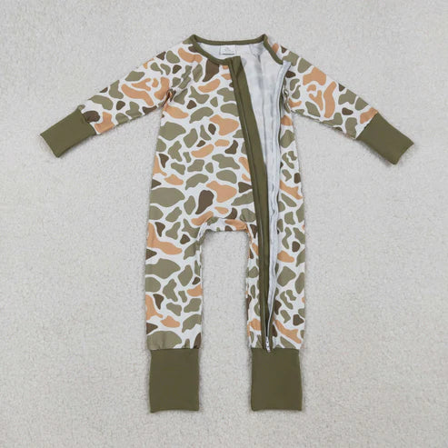 9.24 LR2578 Baby Boys Green Yellow Camo Western Zipper Footie Romper