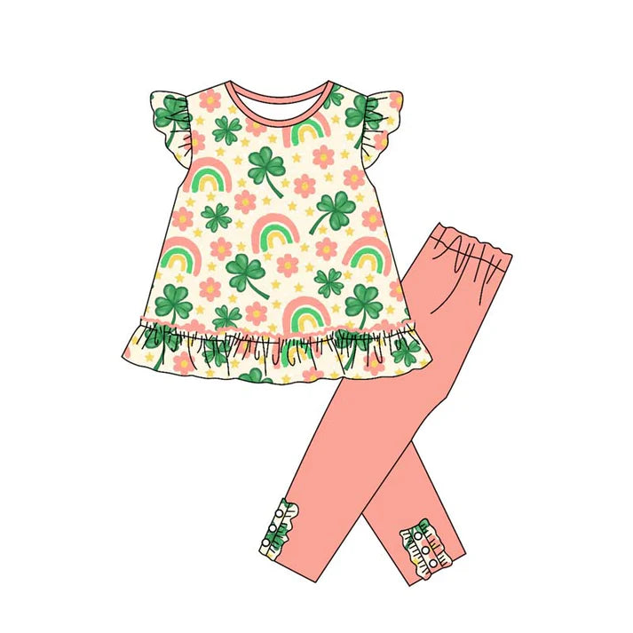 9.25 GSPO2078 Baby Girls Flowers Clovers Tunic Leggings Pant St Patrick Clothes Sets Preorder