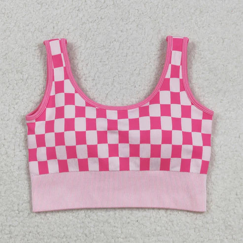 9.13 GT1190 Adult Women Pink Checkered Knitted Yoga Crop Bra Tops