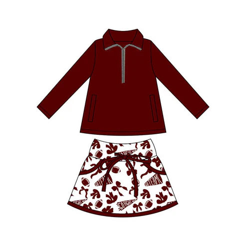9.23 GLD1324 Baby Girls Pockets Pullover Dark Red Footballs Bows Skorts Team Sets Preorder