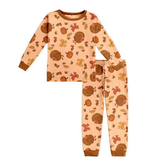 9.25 GLP2883 Baby Girls Bows Turkey Pumpkins Top Pant Thanksgiving Pajamas Sets Preorder