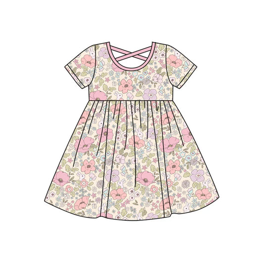 9.25 GSD2814 Baby Girls Short Sleeve Flowers Rabbits Easter Knee Length Dresses Preorder
