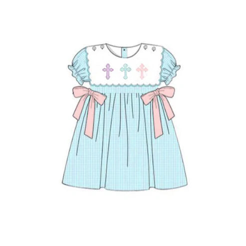 9.20 GSD2807 Baby Girls Cross Bows Short Ruffle Sleeve Easter Knee Length Dresses Preorder