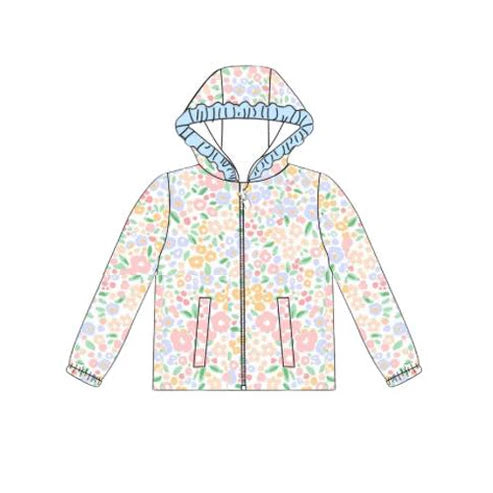 9.22 GT1231 Baby Girls Blue Pink Flowers Pockets Zipper Ruffle Hoodies Top Preorder