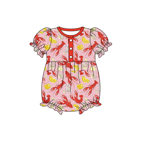 9.23 SR3223 Baby Girls Short Sleeve Button Crayfishes Mardigras Ruffle Rompers Preorder