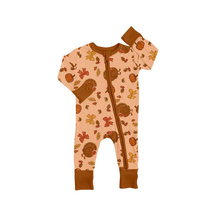 9.25 LR2689 Baby Boys Bows Turkey Pumpkins Thanksgiving Zipper Footie Rompers Preorder