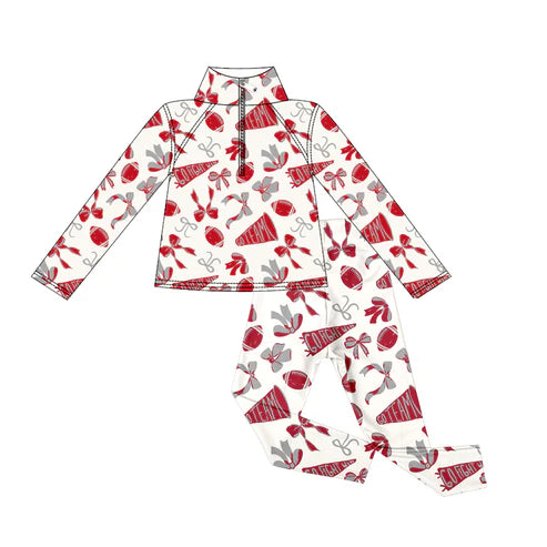 9.20 GLP2860 Baby Girls Red Bows Footballs Go Teams Pockets Zip Pullovers Leggings Team Yoga Set