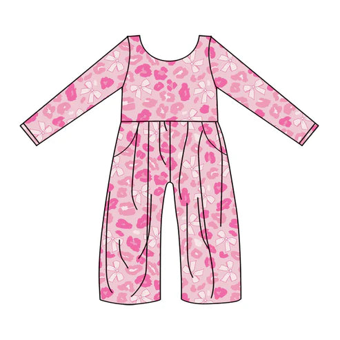9.23 LR2685 Baby Girls Pink Long Sleeve Bows Leopard Pockets Jumpsuits Preorder