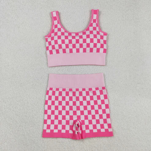 9.13 GT1190+SS0645 Adult Women Pink Checkered Crop Bra Top Shorts Yoga Outfits Set