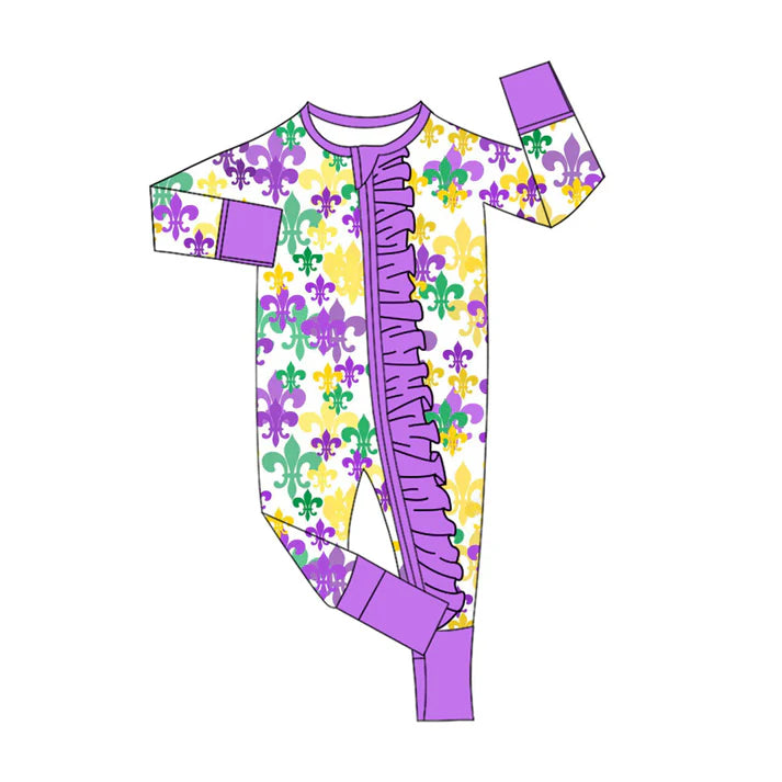 9.25  LR2694 Baby Girls Anchors Checked Mardigras Ruffle Zipper Footie Rompers Preorder