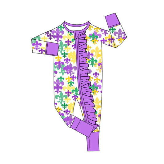 9.25 LR2694 Baby Girls Anchors Checked Mardigras Ruffle Zipper Footie Rompers Preorder