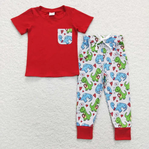 9.15 BSPO0235 Love Dinosaur Pocket Red Short Sleeve Gray Pants Suit