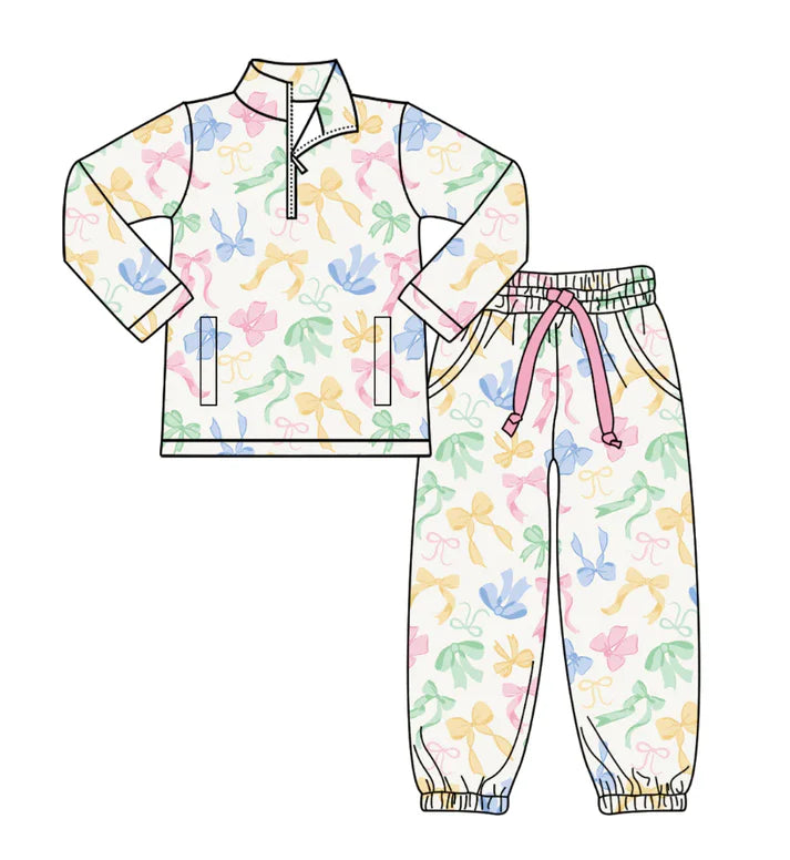 9.26 GLP2886 Baby Girls Colorful Bows Pockets Zipper Pullover Jogger Clothes Sets Preorder
