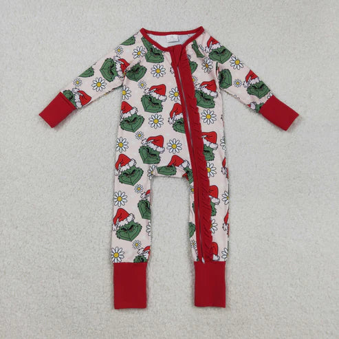 9.17 LR2489 Baby Girls Long Sleeves Christmas Green Face Flowers Ruffle Zipper Romper