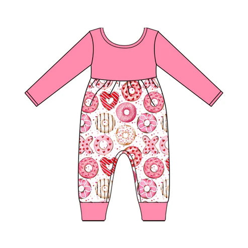9.19  LR2664 Baby Girls Pink Long Sleeve XOXO Donuts Valentine Footie Rompers Preorder
