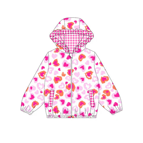 9.17  GT1219 Baby Girls Pink Hearts Leopard Pocket Zipper Ruffle Hoodies Jackets Top Preorder