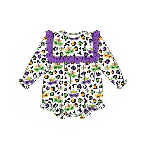 9.20  LR2675 Baby Girls Purple Yellow Green Leopard Masks Mardi Gras Ruffle Rompers Preorder