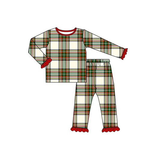 9.18 GLP2829 Baby Girls Green Red Checked Top Ruffle Pants Christmas Pajamas Sets Preorder