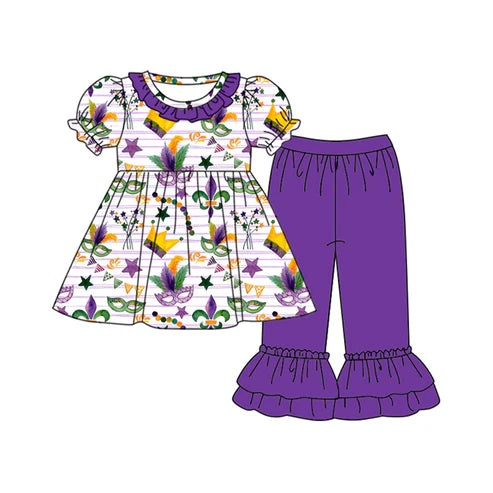 9.23 GSPO2076 Baby Girls Purple Stripe Anchors Masks Tunic Ruffle Pants Mardigras Clothes Sets Preorder