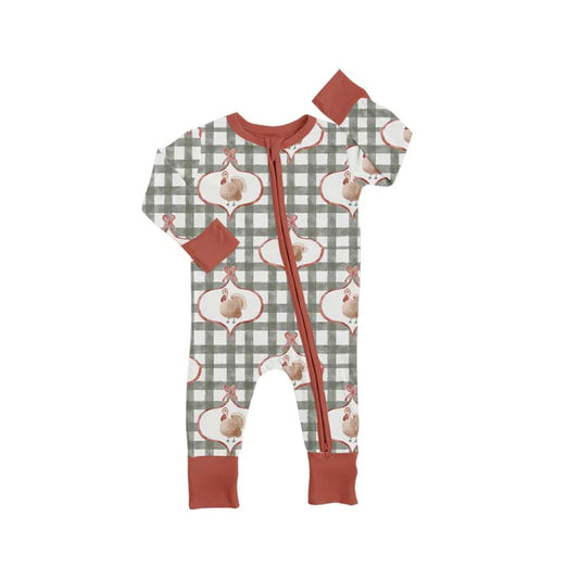 9.25 LR2691 Baby Boys Green Checked Turkey Thanksgiving Zipper Footie Rompers Preorder