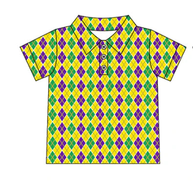 9.22  BT1357 Baby Boys Purple Yellow Green Checked Mardigras Button Polo Shirts Top Preorder