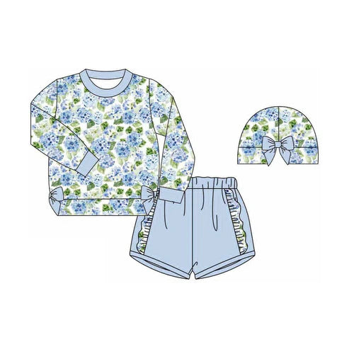 9.18 GLS0013 Baby Girls Blue Floral Bows Shirts Top Ruffle Shorts Clothes Sets Preorder
