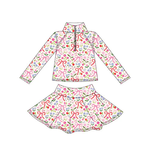 9.20 GLD1309 Baby Girls Red Pink Bows Flowers Yoga Zipper Pullovers Skorts Clothes Set Preorder