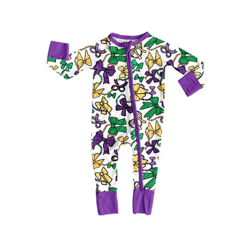 9.22 LR2678 Baby Boys Mardigras Bows Masks Zipper Footie Rompers Preorder