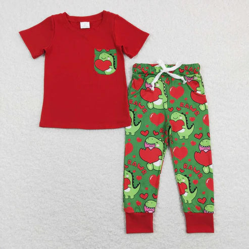 9.15 BSPO0229rawr Love Dinosaur Pocket Red Short Sleeve Green Pants Suit