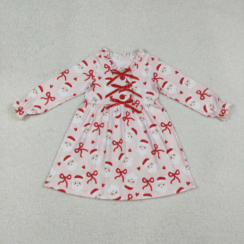 9.24 GLD1233 Baby Girls Pink Long Ruffle Sleeves Bows Santa Plaid Knee Length Dress