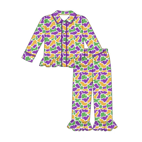 9.20 GLP2871 Baby Girls Green Yellow Purple Camo Button Top Pants Mardigras Pajamas Sets Preorder