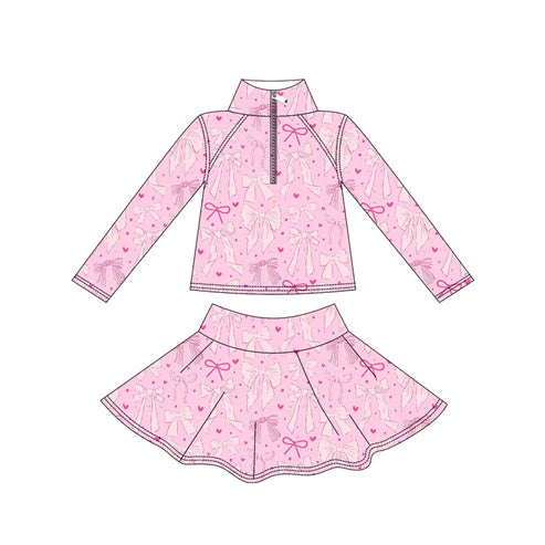 9.20 GLD1314 Baby Girls Pink Bows Hearts Yoga Zipper Pullovers Skorts Clothes Set Preorder